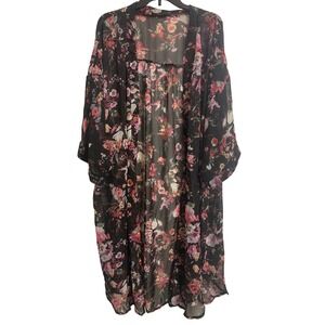 Zanzea Collection Floral Kimono Duster Black Pink Sheer Chiffon XXXL Plus Size